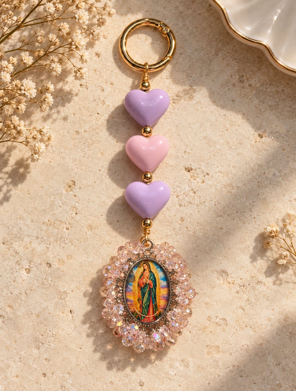 Llavero Virgen de Guadalupe rosa cristal