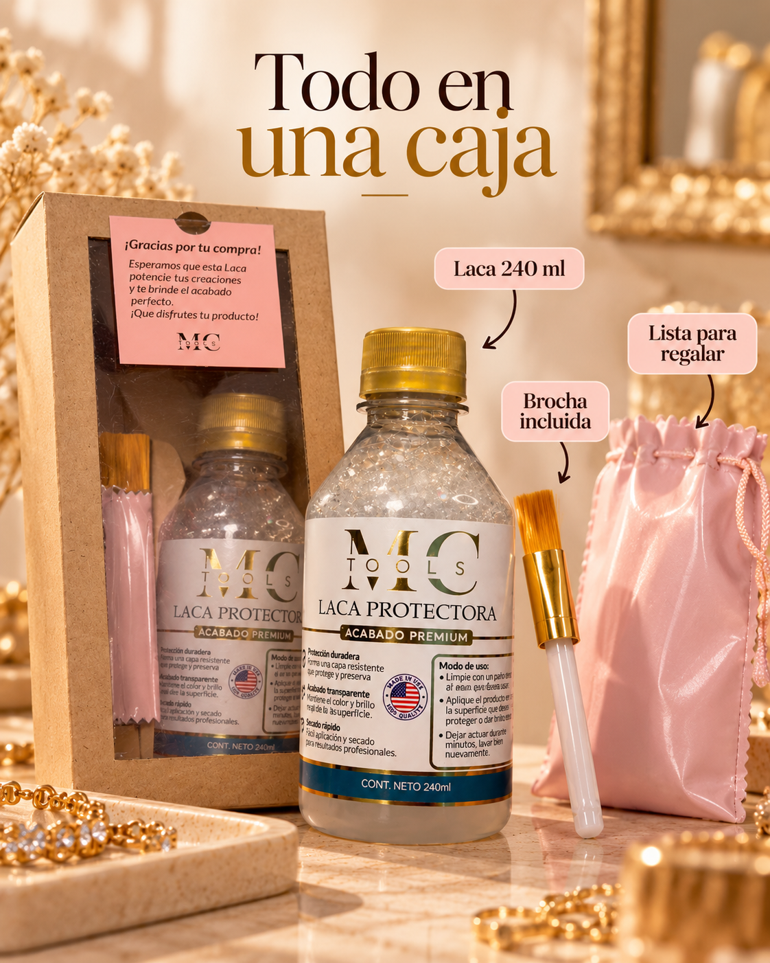 Lo que incluye: frasco de 240 ml, brocha y bolsita en caja kraft