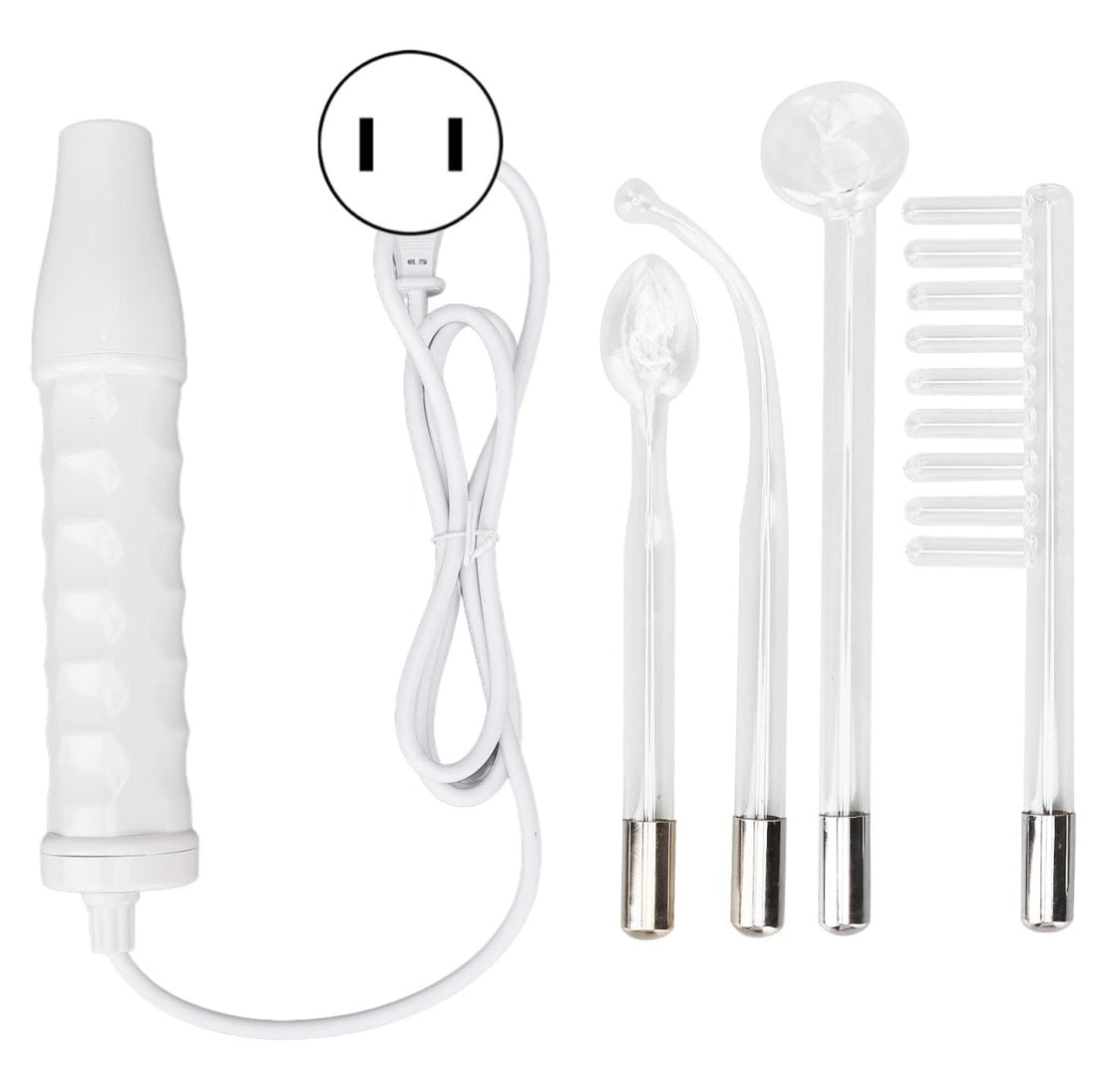 Set de cuidado facial: mango blanco, cable y 4 electrodos de vidrio